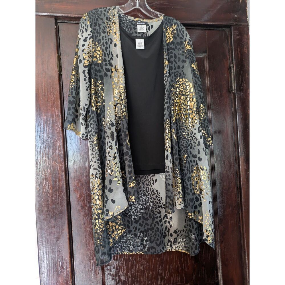 Jemma 3-Piece Lounge Set - Black Pants/Tank with Gold Cheetah Duster - M